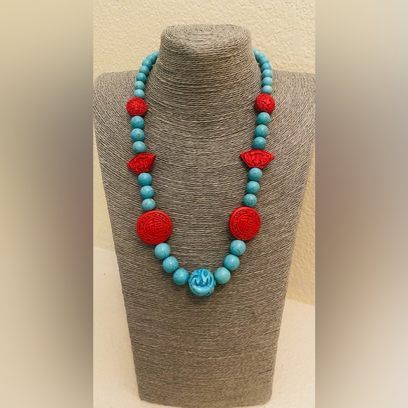 Vintag Red Cinnabarand Blue Faux Turqouise Beaded Necklace